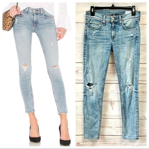 Rag & Bone Double Wash Light Distressed Skinny Ankle Jeans - Picture 5 of 10